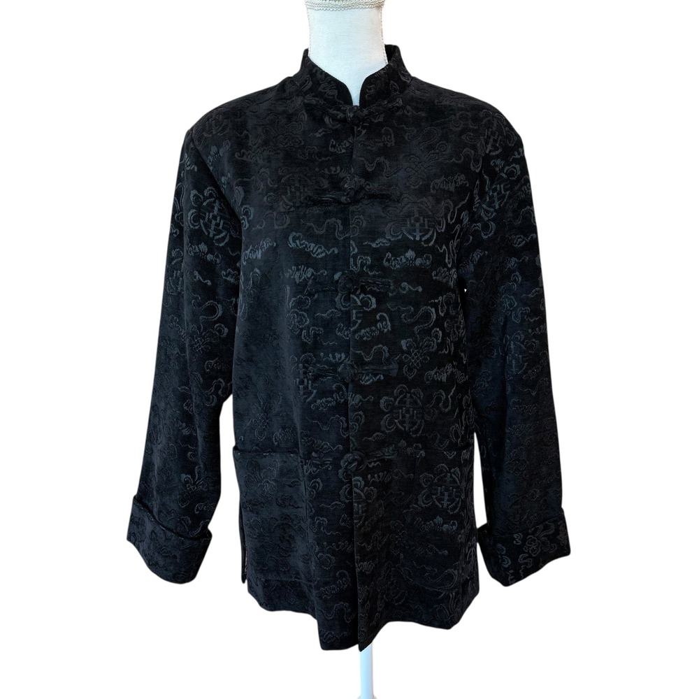 Jinglejia Black Dragon Brocade Mandarin Collar Jacket Mens XLโ